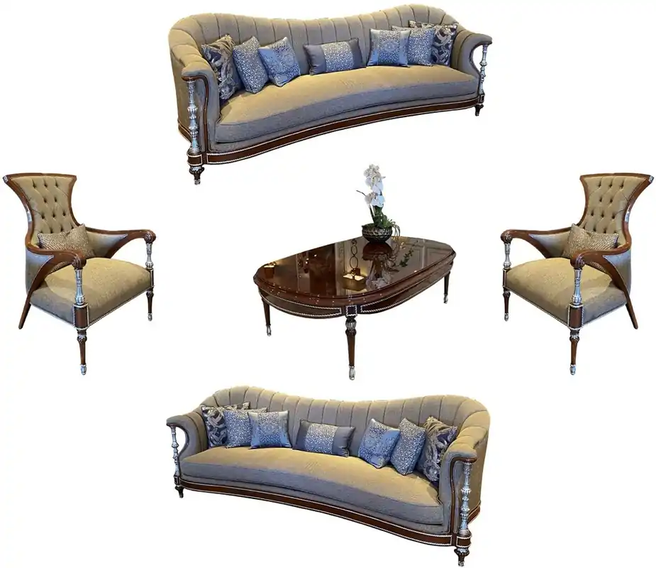 Casa Padrino ensemble de salon baroque de luxe gris / marron / argent - 2 Canapés & 2 Fauteuils & 1 Table Basse - Mobilier de salon baroque fabriqué à la main - Noble et Magnifique Bestseller