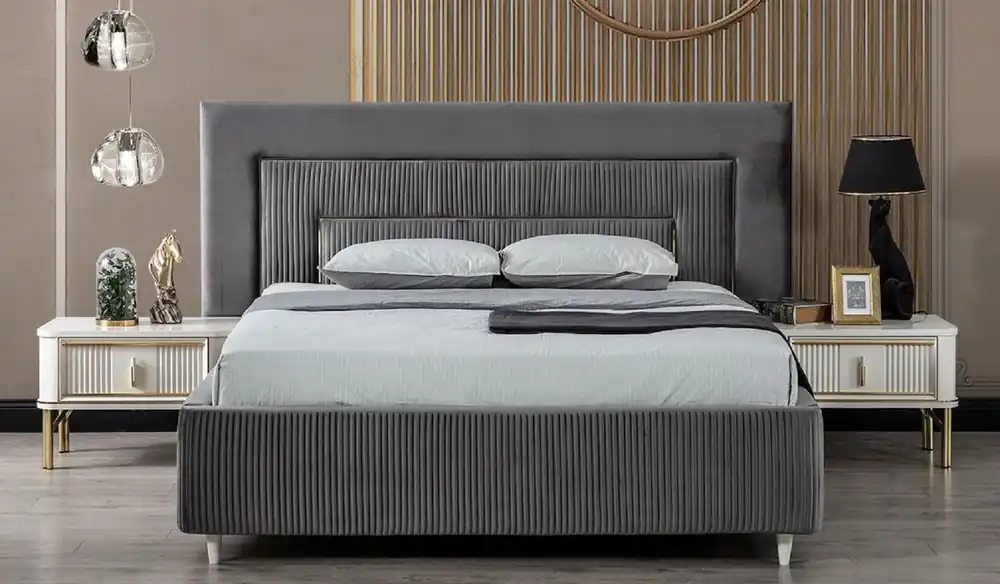 Markenprodukt Casa Padrino ensemble de chambre à coucher de luxe en bois massif gris / blanc / or - 1 Lit Double avec Tête de Lit et 2 Tables de Chevet - Mobilier de chambre - Collection de Luxe