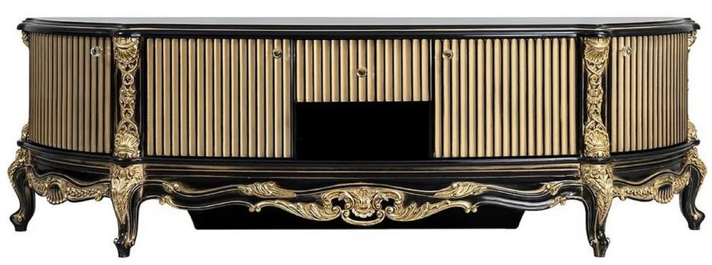 Wochenendangebot Casa Padrino armoire TV baroque de luxe noir / or - Magnifique buffet en bois massif avec 4 portes et tiroir - Mobilier de salon baroque