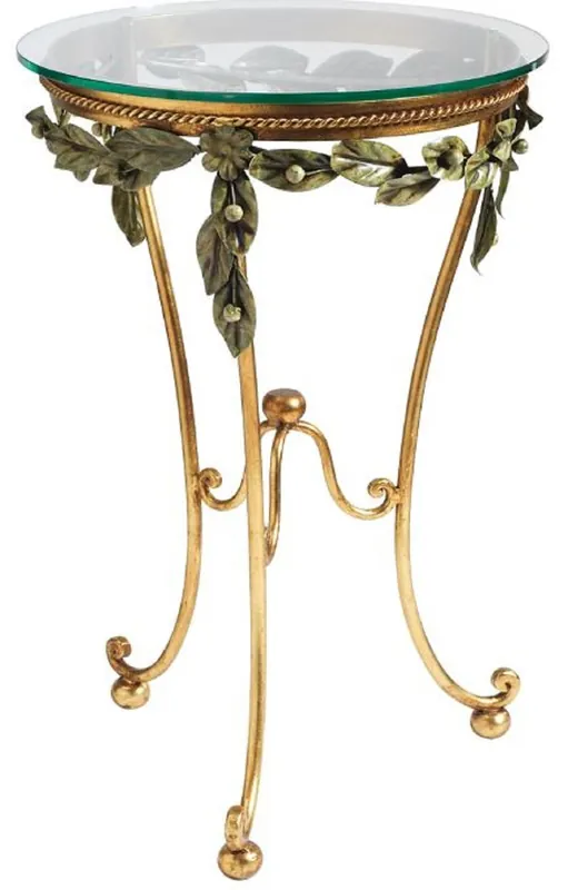 Nur Heute Casa Padrino table d'appoint baroque de luxe or / vert Ø 45 x H. 70 cm - Table forgée main avec plateau en verre - Mobilier de salon baroque