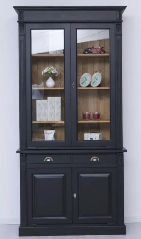 Echt Casa Padrino vitrine de style campagnard noir / naturelle 120 x 51 x H. 240 cm - Armoire bois massif - Armoire de salon - Meuble style campagnard