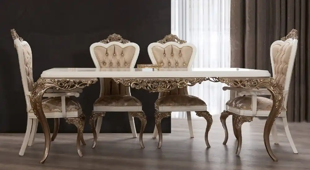 Casa Padrino table de salle à manger baroque de luxe blanc / marron / or - Table de salle à manger en bois massif noble - Meubles de salle à manger baroques - Noble et Magnifique Neuheit