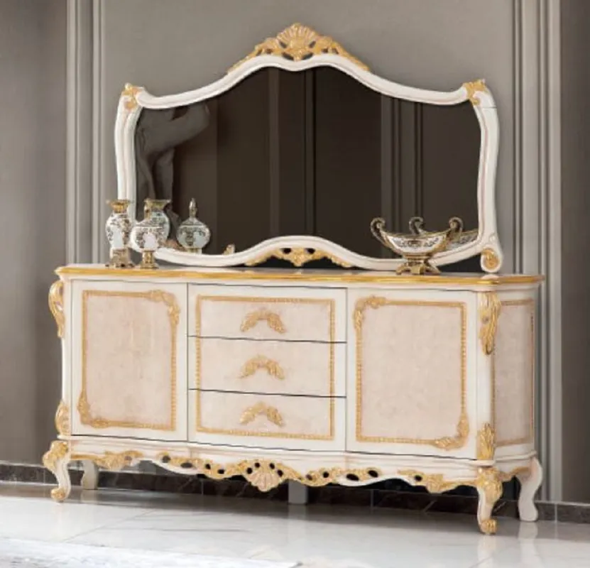 Solange Der Vorrat Reicht Casa Padrino ensemble de meubles baroques de luxe buffet avec miroir beige / blanc / or - Magnifique armoire en bois massif avec miroir mural élégant - Meubles de style baroque