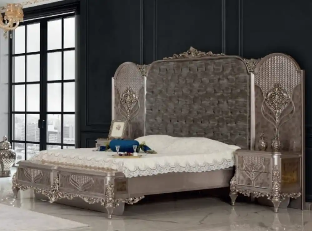 Preisknaller Casa Padrino ensemble de chambre baroque de luxe argent - 1 Lit Double avec Tête de Lit et 2 Tables de Chevet - Mobilier de chambre de style baroque - Noble et Magnifique