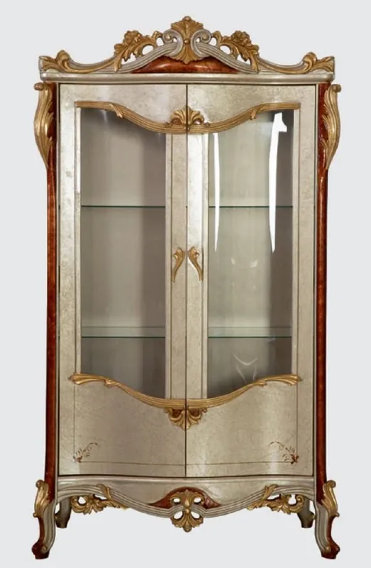 Casa Padrino armoire vitrine baroque de luxe argent / marron / or - Vitrine fait main en bois massif avec 2 portes - Magnifique meuble baroque Bestseller