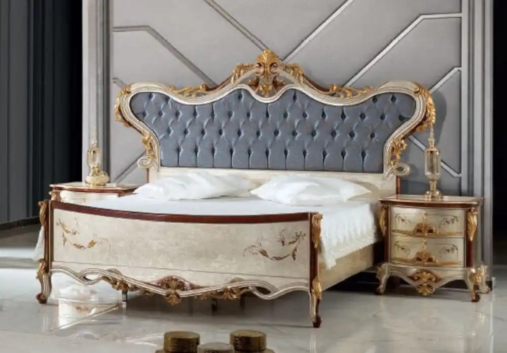 Knallerangebot Casa Padrino ensemble de chambre baroque de luxe bleu / argent - 1 Lit Double avec Tête de Lit et 2 Tables de Chevet - Mobilier de chambre de style baroque - Noble et Magnifique