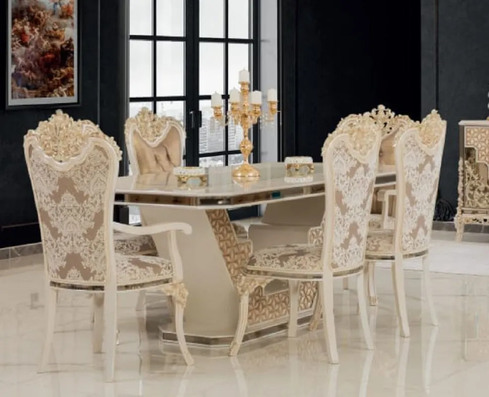 Echt Casa Padrino ensemble de salle à manger baroque de luxe blanc / or - 1 Table à Manger & 8 Chaises à Manger - Meubles de salle à manger de style baroque - Noble et Magnifique