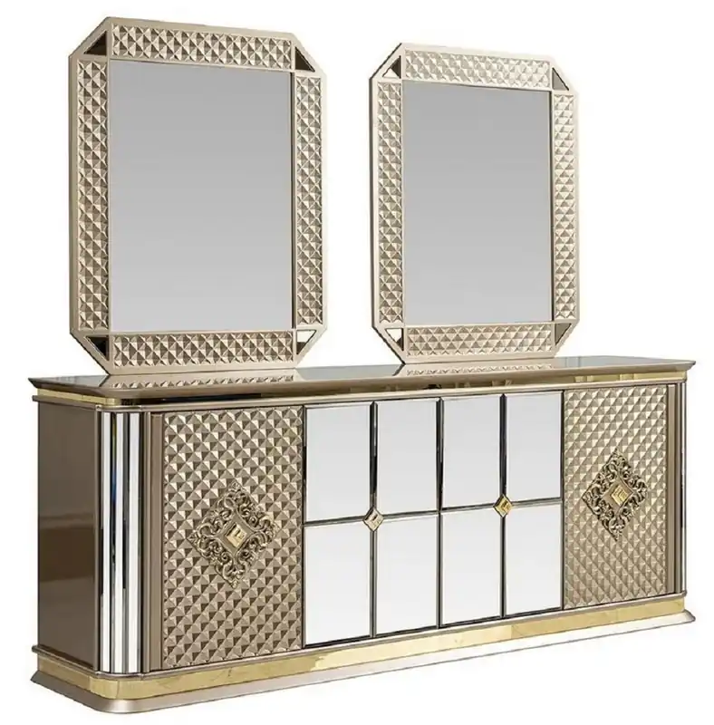 Jetzt Bestellen Casa Padrino Ensemble de Meubles Art Déco de Luxe Beige / Or - 1 Buffet & 2 Miroirs - Noble & Magnifique