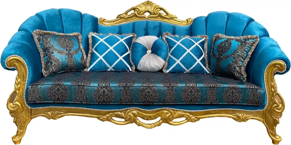 Canapé baroque de luxe Casa Padrino motif turquoise / or 220 x 90 x H. 110 cm - Somptueux canapé de salon avec strass et coussins décoratifs Markenware