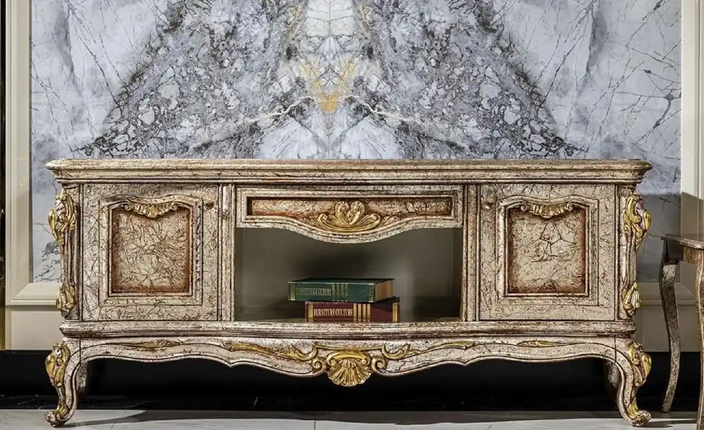 Casa Padrino armoire TV baroque de luxe antique argent / marron / or - Magnifique buffet de salon avec 2 portes et tiroir - Mobilier de salon baroque Direktkauf