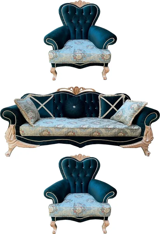 Casa Padrino ensemble de salon baroque de luxe avec motif floral élégant et strass turquoise / vert / crème - 1 Canapé & 2 Fauteuils - Magnifique meuble de salon baroque Top-Seller