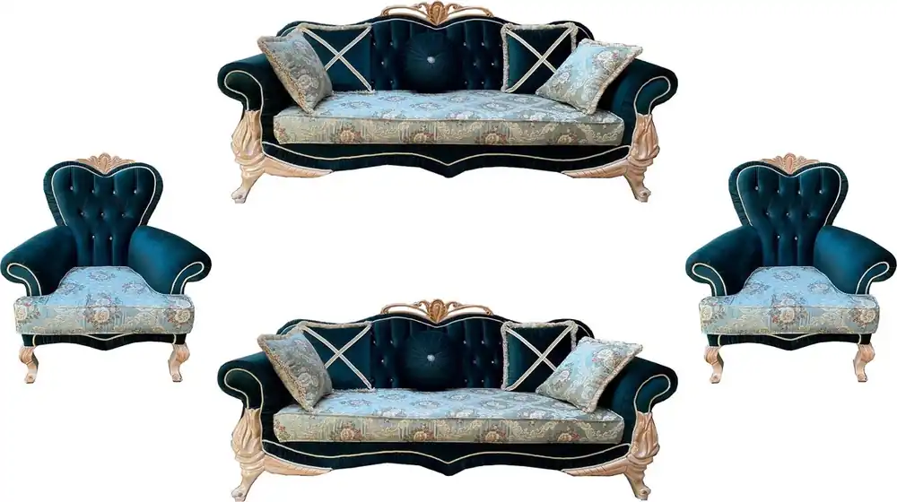 Super-Preis Casa Padrino ensemble de salon baroque de luxe avec motif floral élégant et strass turquoise / vert / crème - 2 Canapés & 2 Fauteuils - Magnifique meuble de salon baroque