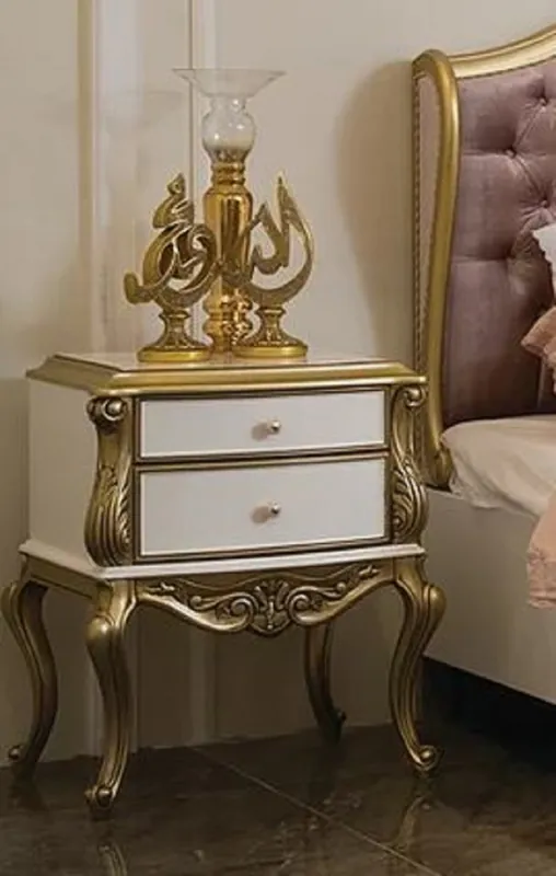 Saisonangebot Casa Padrino table de chevet baroque de luxe blanc / or - Table de chevet en bois massif artisanale avec 2 tiroirs - Mobilier de chambre baroque