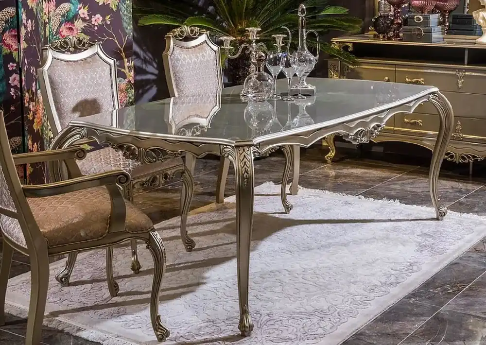 Casa Padrino table de salle à manger baroque de luxe argent - Magnifique table de salle à manger en bois massif - Meubles de salle à manger baroques - Noble et Magnifique Schnäppchen
