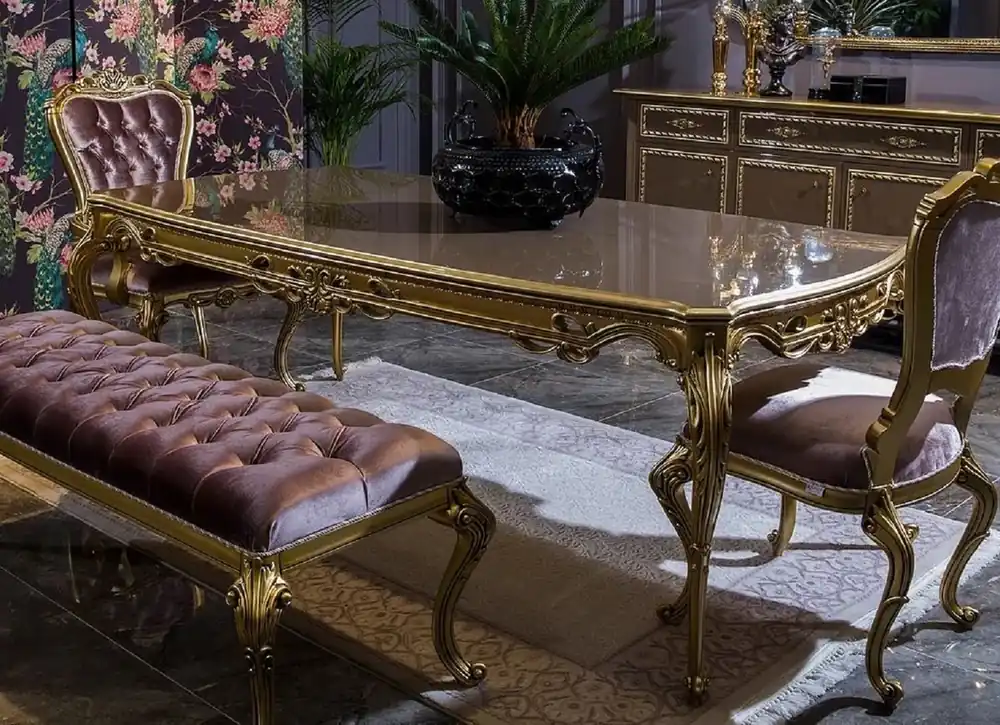 Casa Padrino table de salle à manger baroque de luxe gris / or - Magnifique table de salle à manger en bois massif - Meubles de salle à manger baroques - Noble et Magnifique Direktkauf