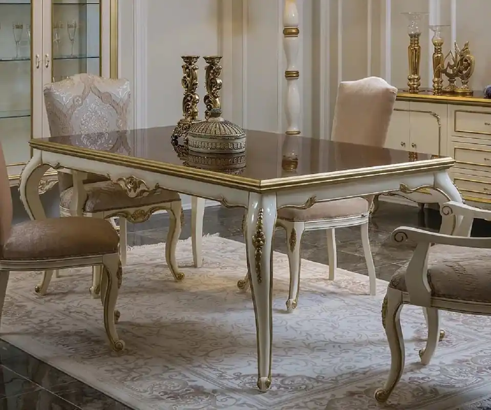 Abverkauf Casa Padrino table de salle à manger baroque de luxe marron / blanc / or - Table de cuisine en bois massif fait main - Mobilier de salle à manger baroque - Noble & Magnifique
