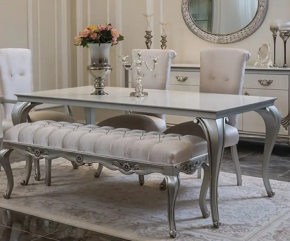 Casa Padrino table de salle à manger baroque de luxe blanc / argent - Table de cuisine élégante en bois massif de style baroque - Mobilier de salle à manger baroque Top-Seller