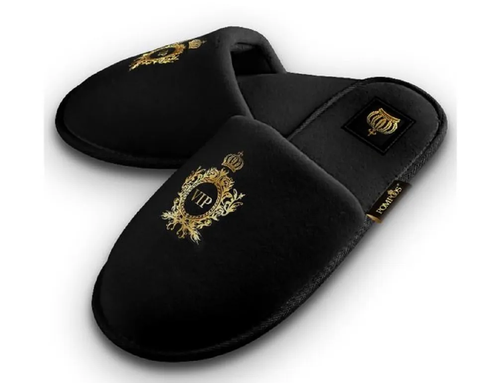 Sonderaktion Pompöös by Casa Padrino Pantoufles d'Hôtel VIP de Luxe pour Femmes avec Couronne Noir / Or - Conçues par Harald Glööckler