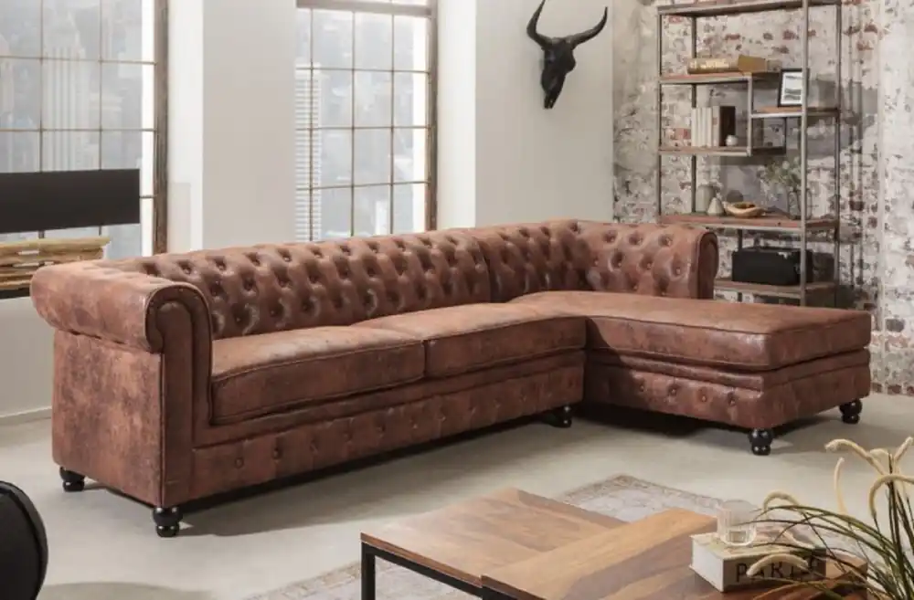 Heißes Angebot Casa Padrino canapé d'angle Chesterfield côté droit marron antique - Canapé de salon en microfibre - Meubles de Salon Chesterfield