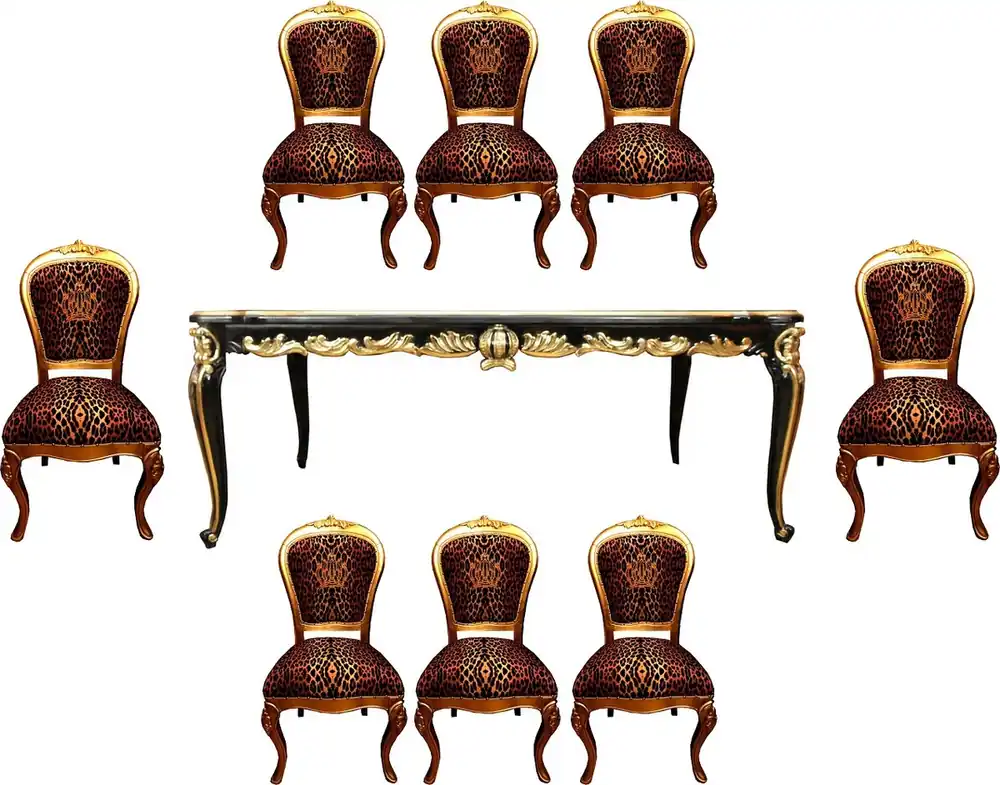 Letzte Chance Pompöös de Casa Padrino Ensemble de Salle à Manger Baroque de Luxe - Pompöös Table à Manger Baroque avec Plateau en Verre et 8 Chaises avec Strass par Harald Glööckler - Mobilier Baroque