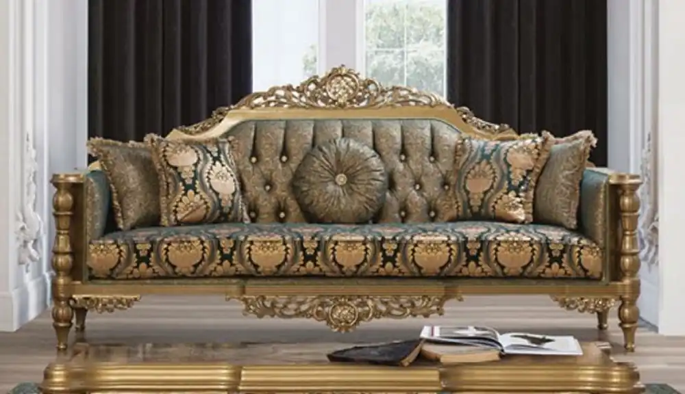 Casa Padrino canapé baroque de luxe vert / or - Magnifique canapé de salon avec motif élégant et coussins décoratifs - Mobilier de salon baroque Echt