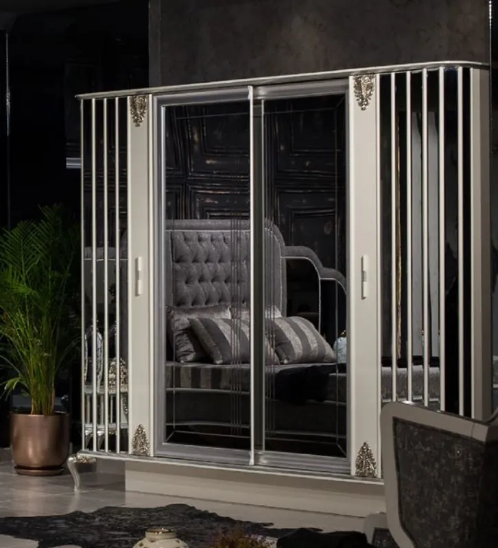 Garantierte Lieferung Casa Padrino armoire de chambre baroque de luxe blanc / gris / argent - Armoire en bois massif miroir de style baroque - Mobilier de chambre baroque - Noble & Magnifique