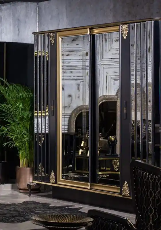 Casa Padrino armoire de chambre baroque de luxe noir / or - Armoire en bois massif miroir de style baroque - Mobilier de chambre baroque - Noble & Magnifique Finale Aktion