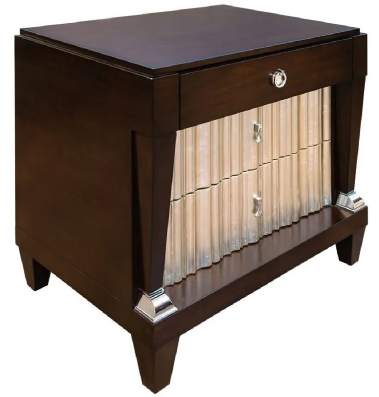 Casa Padrino table de chevet néoclassique de luxe marron foncé / argent 66,5 x 46,5 x H. 70 cm - Table de chevet en bois massif noble avec 3 tiroirs - Mobilier de chambre de style néoclassique Echt