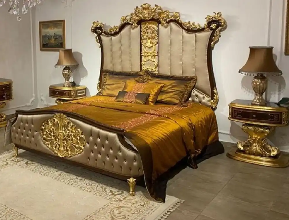Casa Padrino ensemble de chambre baroque de luxe argent / marron foncé / or - 1 Lit Double avec Tête de Lit et 2 Tables de Chevet - Mobilier de chambre de haute qualité de style baroque Markenprodukt