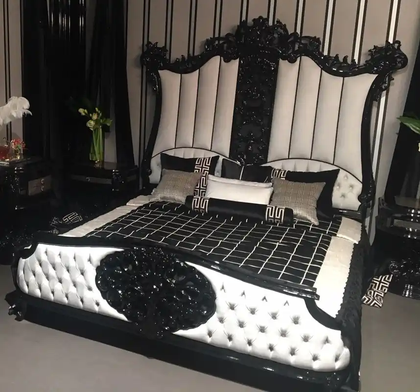 Casa Padrino ensemble de chambre baroque de luxe blanc / noir / gris - 1 Lit Double avec Tête de Lit et 2 Tables de Chevet - Mobilier de chambre de haute qualité de style baroque Top-Preis