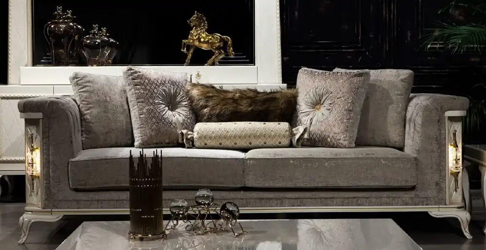 Casa Padrino canapé baroque de luxe gris / blanc / or - Canapé de salon lumineux de style baroque - Meubles de salon baroques - Noble & Magnifique Abverkauf