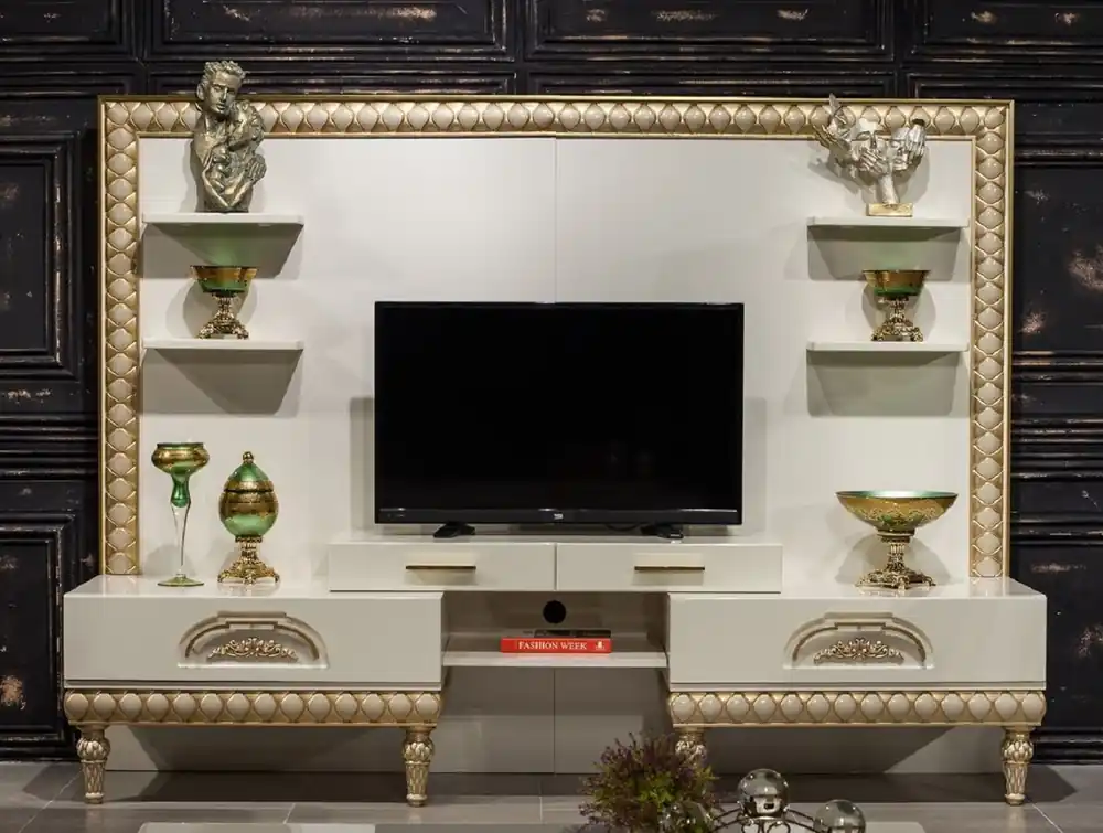 Casa Padrino armoire TV baroque de luxe blanc / or - Magnifique buffet de salon avec paroi arrière - Meubles de salon baroques Knallerangebot