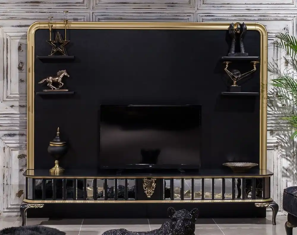 Solange Der Vorrat Reicht Casa Padrino armoire TV baroque de luxe noir / or - Magnifique buffet de salon avec paroi arrière - Meubles de salon baroques