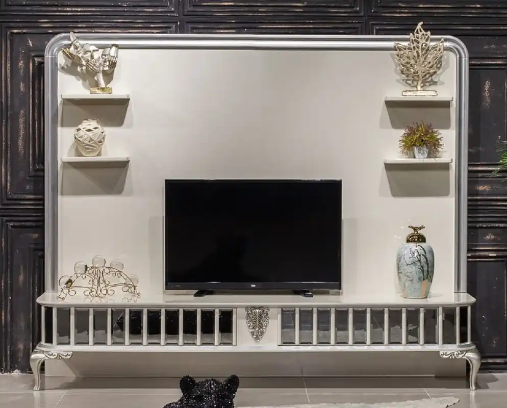 Casa Padrino armoire TV baroque de luxe blanc / argent - Magnifique buffet de salon avec paroi arrière - Meubles de salon baroques Preisreduziert