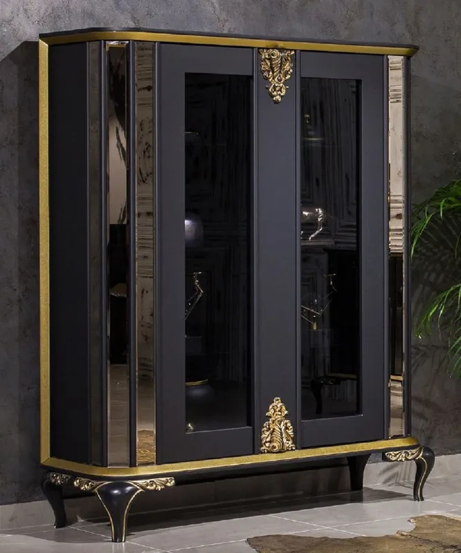 Casa Padrino armoire vitrine baroque de luxe noir / or - Vitrine en bois massif miroir avec 2 portes - Magnifique meuble baroque Preis Gesenkt