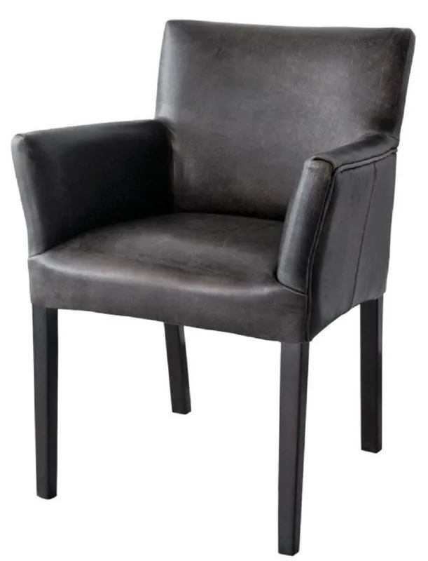 Casa Padrino chaise de salle à manger en cuir de luxe noir vintage / noir 64 x 61 x H. 85 cm - Chaise de cuisine en cuir véritable avec accoudoirs - Meuble de salle à manger Expressversand