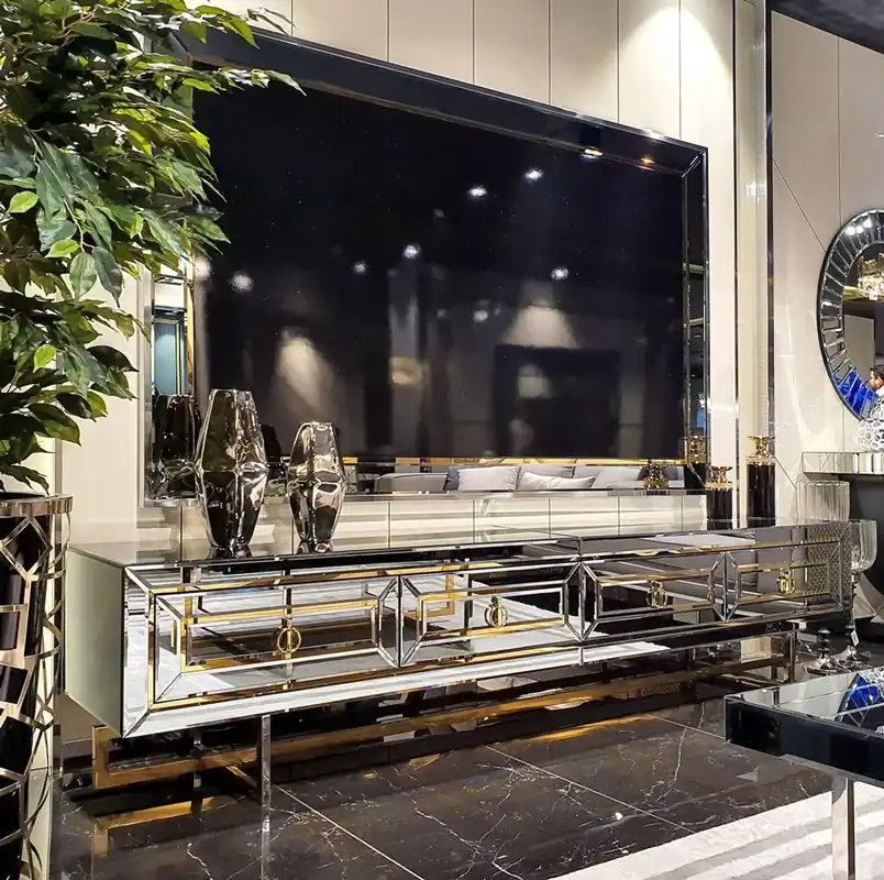 Knallerangebot Casa Padrino ensemble de meubles de salon de luxe argent / or - Armoire TV miroir avec paroi arrière en miroir - Meubles de luxe en miroir