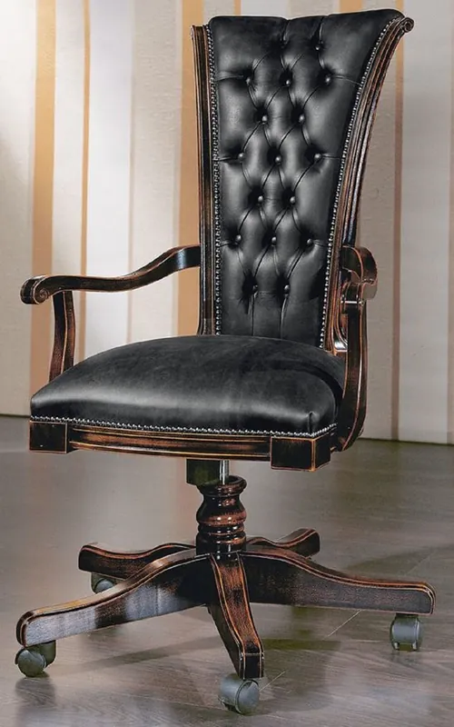 Casa Padrino chaise de bureau Chesterfield de luxe noir vintage / marron foncé 64 x 49 x H. 107-117 cm - Chaise de bureau réglable en hauteur avec cuir véritable - Mobilier Chesterfield de Bureau Highlight