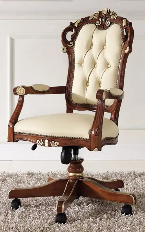 Casa Padrino chaise de bureau baroque de luxe beige / marron / or 57 x 48 x H. 107-117 cm - Chaise de bureau avec cuir - Mobilier de bureau baroque - Qualité de Luxe - Fabriqué en Italie Kracherpreis