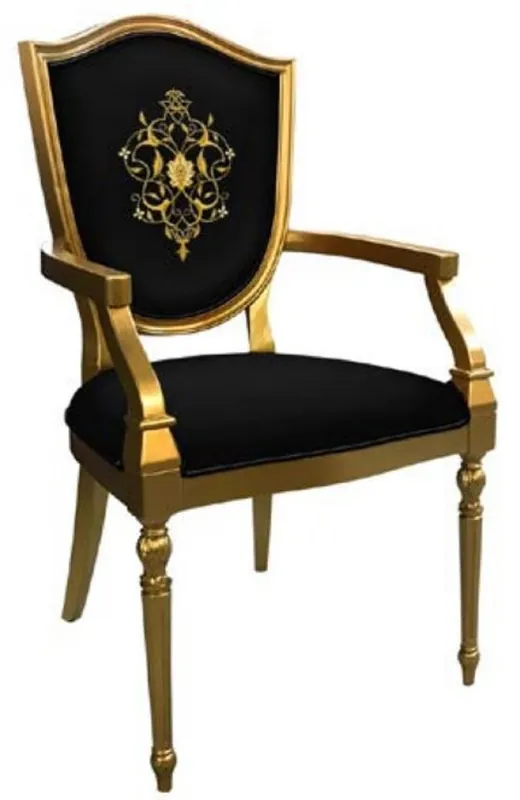 Casa Padrino chaise de salle à manger Art Déco noir / or - Chaise en bois massif avec accoudoirs et motif élégant - Mobilier de Salle à Manger Art Déco Günstig