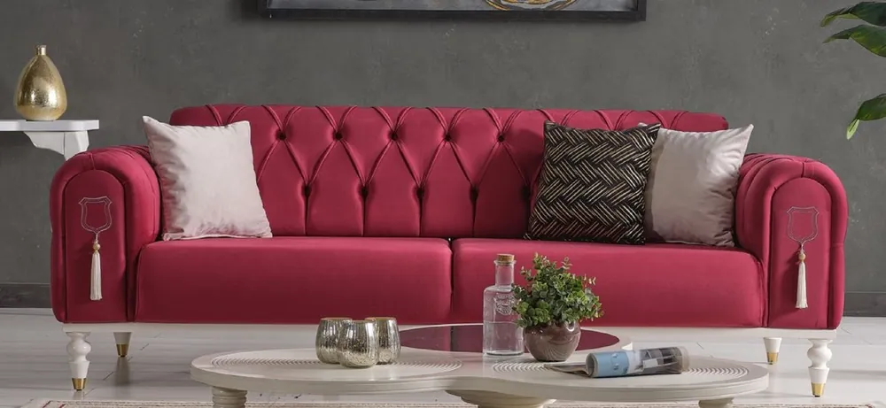 Highlight Casa Padrino canapé-lit Chesterfield de luxe rouge / blanc / or 230 x 95 x H. 83 cm - Canapé de salon avec 3 oreillers - Meuble de salon de luxe