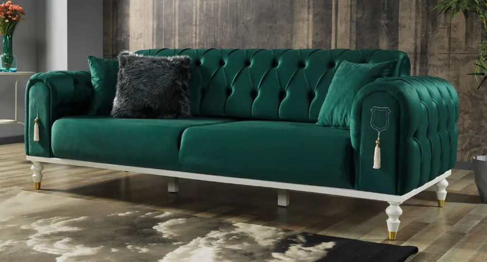Casa Padrino canapé-lit Chesterfield de luxe vert / blanc / or 230 x 95 x H. 83 cm - Canapé de salon avec 3 oreillers - Meuble de salon de luxe Saisonangebot