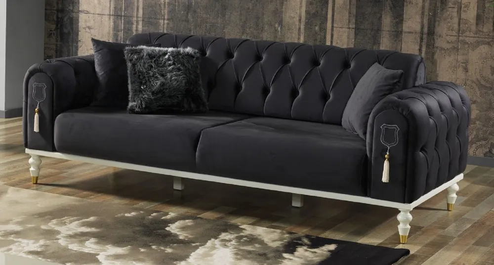 Casa Padrino canapé-lit Chesterfield de luxe gris foncé / blanc / or 230 x 95 x H. 83 cm - Canapé de salon avec 3 oreillers - Meuble de salon de luxe Jetzt Bestellen