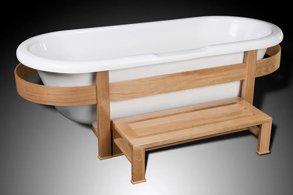 Solange Der Vorrat Reicht Casa Padrino baignoire rétro de luxe blanc / naturelle 178 x 76 x H. 73 cm - Baignoire sur pied avec cadre et marche en bois - Meubles de salle de bain rétro