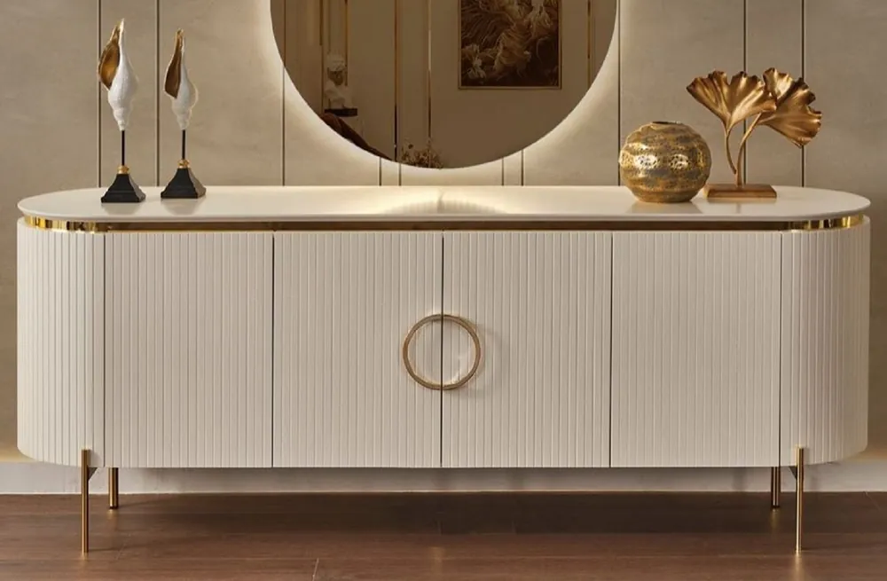 Preisreduziert Casa Padrino buffet de luxe blanc / or 210 x 52 x H. 78 cm - Armoire en bois massif noble avec 4 portes - Meubles de Luxe