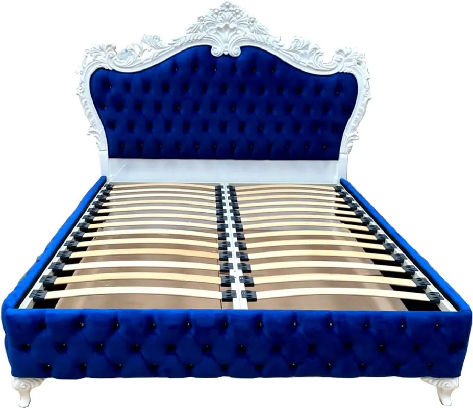 Casa Padrino lit double baroque de luxe bleu royal / blanc - Magnifique lit en bois massif avec strass - Mobilier de chambre baroque Letzte Chance