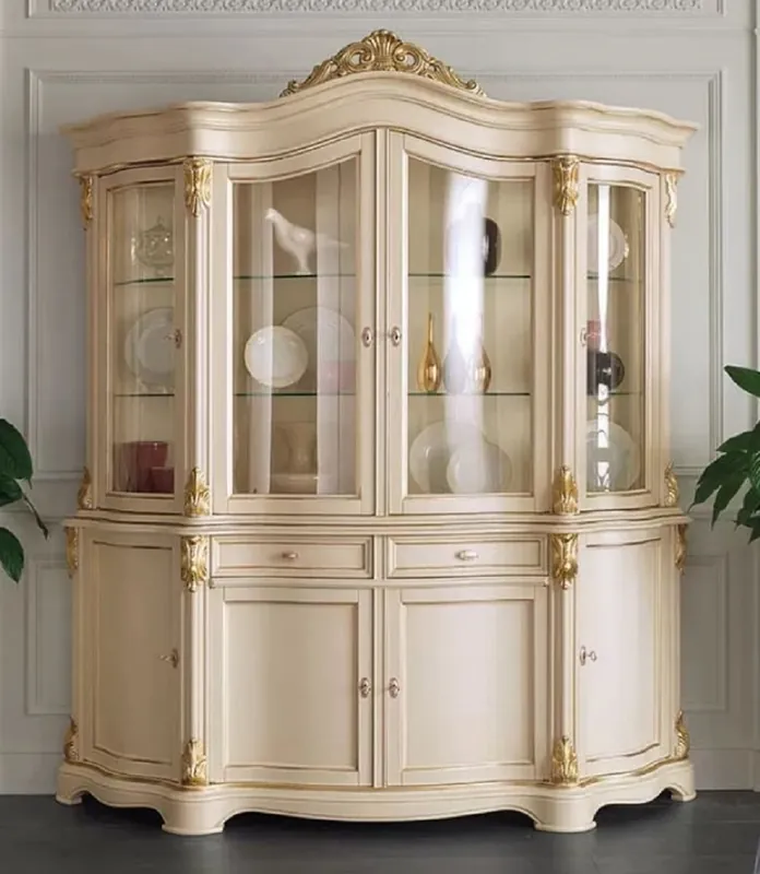 Casa Padrino armoire vitrine baroque de luxe crème / or - Vitrine fait main en bois massif avec 8 portes et 2 tiroirs - Magnifique meuble baroque - Qualité de Luxe - Fabriqué en Italie Expressversand