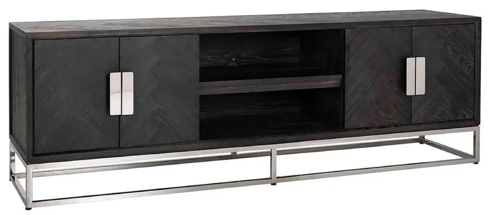 Neue Ware Casa Padrino armoire TV de luxe noir / argent 185 x 42,5 x H. 60 cm - Buffet en bois massif avec 4 portes - Meuble de salon - Meuble d'hôtel - Collection de Luxe