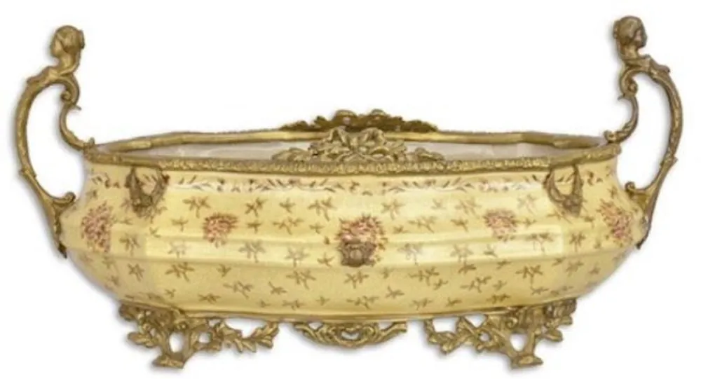 Casa Padrino bol à fleurs Art Nouveau beige / laiton 45 x 23,7 x H. 5,3 cm - Bol à plantes en porcelaine - Accessoires Déco Baroque & Art Nouveau Zertifiziert