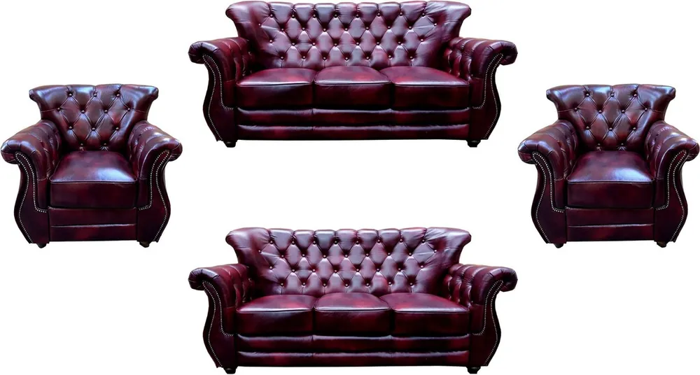 Expressversand Casa Padrino ensemble de salon Chesterfield de luxe en cuir véritable bordeaux rouge / marron / argent - 2 Canapés en Cuir & 2 Fauteuils en Cuir - Meubles de Salon Chesterfield